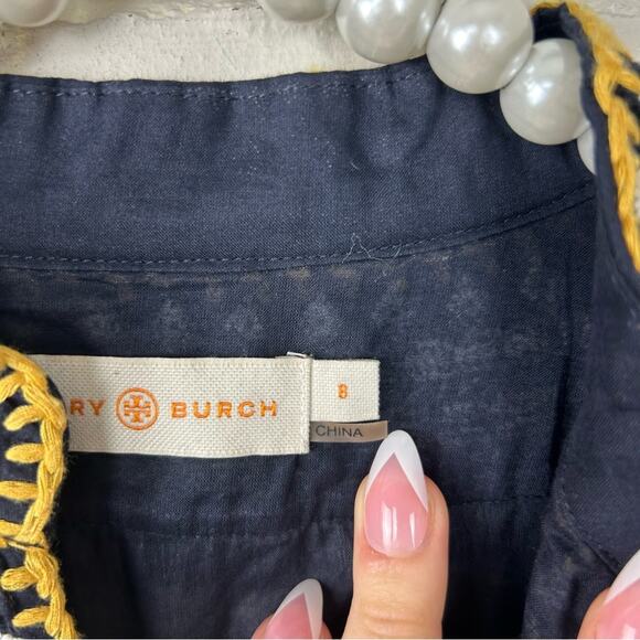 Tory Burch Navy Embroidered Fringe Detail 100% Cotton Tunic Size 8 - Picture 10 of 14